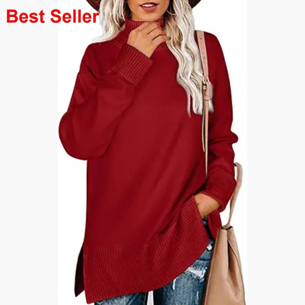 Turtleneck Pullover Sweater With Side Split Hem A… - image 1